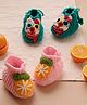 MayRa Knits Pack Of 2 Hand Knitted Woven Orange Applique Detailed Set Of Booties - Green & Pink
