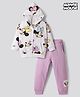 Bonfino Disney Terry Knit Full Sleeves Hooded Sweatshirt & Track Pant Set with Minnie Mouse Print - White & Plum
