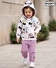 Bonfino Disney Terry Knit Full Sleeves Hooded Sweatshirt & Track Pant Set with Minnie Mouse Print - White & Plum