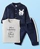 Mom's pet Fleece Knit Full Sleeves Bunny Face Patch Detailed Heavy Winter Sweatjacket With Pant & Inner Tee Set - Navy Blue