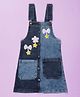 Kiddopanti Denim Woven Sleeveless Star & Bow Applique Detailed Contrast Washed Pinafore Dress - Blue & Light Wash Blue