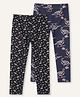 Ariel Cotton Knit Pack Of 2 Dinosaur & Floral Printed Leggings - Black & Navy Blue