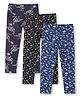Ariel Cotton Knit Pack Of 3 Dinosaur & Floral Printed Leggings - Navy Blue Black & Blue