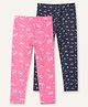Ariel Cotton Knit Pack Of 2 Floral & Unicorn Printed Leggings - Navy Blue & Pink