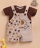 Wonderchild Baby Animals Embroidered Ribbed Dungaree With Half Sleeves Tee Set - Chocolate & Fawn