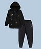 Kiddopanti Fleece Knit Full Sleeves Space Theme Printed Hooded Light Winter Sweatshirt & Track Pants Set - Black