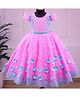 Li & Li Couture Net Woven Half Puffed Sleeves Floral Applique & Lace Detailed Pearls & Beads Embellished Dress With Detachable Skirt - Pink & Sky Blue