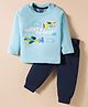Mini Taurus Sinker Knit Full Sleeves Night Suit With Text & Aeroplane Print - Aqua Blue