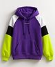 Bubble Berry Knit Full Sleeves Colour Blocked & Explorer Text Printed Hooded Oversized Winter Sweatshirt - Purple Neon & Black