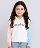 Bubble Berry Knit Full Sleeves Colour Blocked & Aesthetic Text Printed Hooded Oversized Winter Sweatshirt - White Pink & Sky Blue