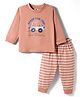Zero Sinker Knit Full Sleeves T-Shirt & Striped Jogger Set With Car Print - Beige