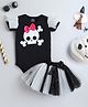 TINY MINY MEE Cotton Lycra Halloween Theme Sleeveless Skull Printed Onesie With Tutu Skirt Set - Black