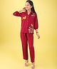 ISHTI Modal Woven Three Fourth Sleeves Floral & Birds Embroidered Shirt Style Top With Pant Set - Maroon