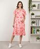 Bella Mama Woven Half Flutter Sleeves Maternity Dress With Floral Print - Pink