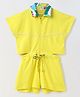 Spunkies Cotton Knit Half Sleeves Leaves Collar Printed Cut Out Detailed Jumpsuit - Yellow