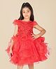 Creative Kids Satin Woven Cap Sleeves Sequins Embellished Ruffle Detailed Dress - Red