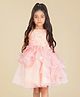 Creative Kids Satin Woven Sleeveless Floral Applique Detailed Pearls Embellished Ruffled Dress - Pink