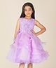 Creative Kids Satin Woven Sleeveless Floral Applique Detailed Pearls Embellished Ruffled Dress - Purple