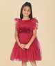 Creative Kids Satin Woven Frill Sleeves Polka Dots Printed  Bow & Floral Applique Detailed Dress - Maroon