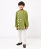 Spunkies Cotton Linen Woven Full Sleeves Floral Embroidered Kurta Pyjama Set - Green