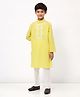 Spunkies Cotton Linen Woven Full Sleeves Floral Embroidered Kurta Pyjama Set - Yellow