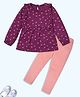 Nino Togs Cotton Jersey Knit Full Sleeves Airplanes Printed Frill Detailed Top With Pant Set - Wine & Pink