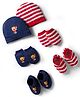 Doodle Poodle 100% Cotton Interlock Knit Cap Mittens & Booties Set with Stripe & Bear Print Red White & Navy Blue Pack of 2 - Diameter 19 cm