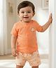 Babyoye 100% Cotton Half Sleeves Front Open T-Shirt & Shorts Set with Teddy & Vehicle Print - Light Orange