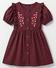 Pine Kids Cotton Woven Half Puffed Sleeves Frock With Floral Embroidery - Wine