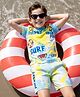 OLLINGTON ST. Cotton Knit Printed  Co-ord Set Of Half Sleeves Surf Text Print T-Shirt & Shorts Set - Yellow & Blue
