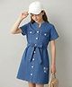 Pine Kids Cotton Woven Half Sleeves Solid Shirt Dress With Belt - Blue