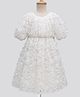 Primo Gino Woven Half Sleeves 3D Floral Party Dress With Pearl Lace at Waistband - White