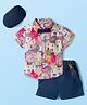 ToffyHouse Cotton Woven Half Sleeves Printed Party Shirt & Shorts Set With Bow Suspender & Hat - Multicolor