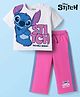 Bonfino Disney Single Jersey Knit Half Sleeves T-Shirt & Track Pant Set With Lilo & Stitch Graphics - White & Pink