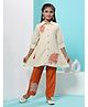 MASTARANG Woven Three Fourth Sleeves Floral Embroidered Kurti With Pant Set - Cream