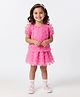 Bonfino Woven Half Puffed Sleeves Party Top & Skirt Set with 3D Flowers Embellished - Pink