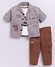 LITTLE COLLARS Cotton Woven Full Sleeves Solid Shacket Shirt Pant With Printed T - Shirt Casual Set - Coffee