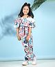 Cutiekins Woven Sleeveless Floral Printed Frill Detailed Jumpsuit - Off White & Blue
