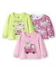 Doodle Poodle 100% Cotton Single Jersey Knit Full Sleeves Top With Floral & Vehicle Print Pack Of 3 - White Pink & Lime Green