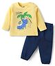Doodle Poodle 100% Cotton Knit Full Sleeves T-Shirt & Lounge Pant Set with Beach Theme Print - Yellow & Navy Blue