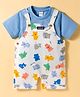 WOW Clothes Interlock Knit Dungaree & Half Sleeves T-Shirt With Teddy Bear Print - White &  Blue