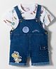 WOW Clothes Interlock Knit Dungaree & Half Sleeves T-Shirt With Dino Print & Patch - Light Blue & White