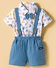 WOW Clothes Cotton Knit Half Sleeves Dino Printed Polo T-Shirt & Shorts Set with Bow Applique & Suspender -  Blue