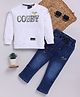 LTZ CLUB Cotton Blend Knit Full Sleeves Cozey Text Printed Tee & Jeans Set - White