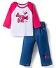 Simply Premium Sinker Knit Full Raglan Sleeves T-Shirt & Denim Jeans Set with Bow Graphic - Blue & White