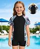 Pine Kids Half Raglan Sleeves Tropical Theme Printed Legged Swimsuit - Black