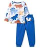 Doodle Poodle 100% Cotton Single Jersey Knit Full Sleeves T-Shirt & Lounge Pant Set with Dino Print - White & Blue