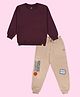 Kiddopanti  Fleece Knit Full Sleeves Solid Winter Sweatshirt With Track Pants - Wine & Beige