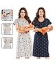Fabme Pure Cotton Woven Pack Of 2 Half Sleeves Leaves Printed Maternity Night Dresses With Concealed Zipper Nursing Access - Grey & Navy Blue