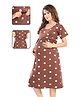Fabme Pure Cotton Woven Half Sleeves Polka Dots Printed Maternity Nighty With Overlap Zipper Nursing Access - Brown